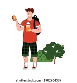Man cartoon character enjoying donut and coffee dessert drink, flat vector illustration isolated on white background. Image for coffee shop or cafeteria.