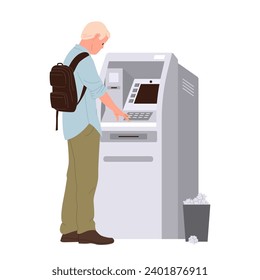 Man cartoon character entering password at atm to withdraw cash or doing money transactions