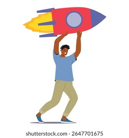 Man cartoon character feeling inspiration launching business project startup holding huge rocket over head isolated on white. New product management and development metaphor vector illustration