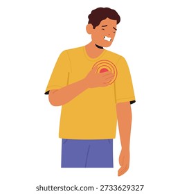 Man cartoon character feeling rapid heartbeat and palpitations during severe panic attack isolated on white background. Male distress with racing heart and pulse, chest pressure vector illustration
