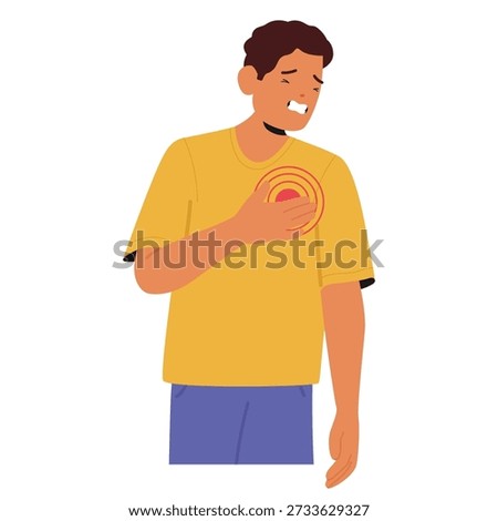Man cartoon character feeling rapid heartbeat and palpitations during severe panic attack isolated on white background. Male distress with racing heart and pulse, chest pressure vector illustration