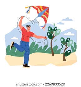 Man cartoon character flying a kite at summer landscape background, vector illustration isolated on white background. Man with air kite in park or outdoors.