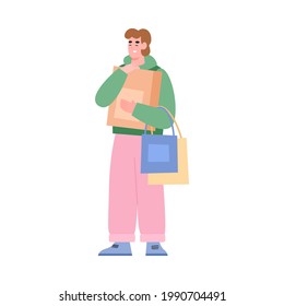 Man cartoon character happy with his shopping at sale. Cheerful buyer standing holding shopping bags, flat vector illustration isolated on white background.