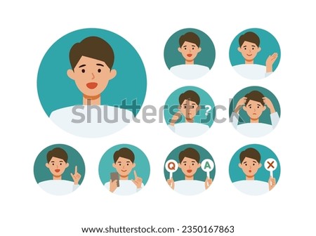 Man cartoon character head collection set. People face profiles avatars and icons. Close up image of smiling man. Vector flat illustration.