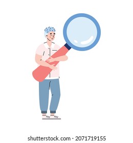 Man cartoon character with huge magnifier. Program tester or developer seeking error in computer software, flat cartoon vector illustration isolated on white background.