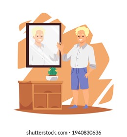 Man cartoon character looking at mirror, flat vector illustration isolated.