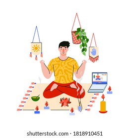 Man cartoon character meditates in the yoga Lotus position in home interior, flat vector illustration isolated on white background. Mental balance and self health care.