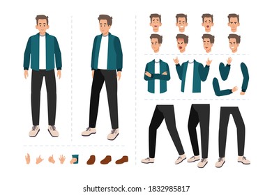 Caricatura masculina para diseño de movimiento con expresiones faciales, gestos de mano, movimiento de cuerpo y pierna