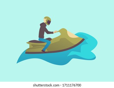 Man cartoon character on water bike or jetski vehicle, flat vector illustration isolated on blue background. Aquabike or hydrocycle icon a motorised transport for sea.