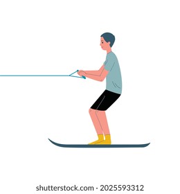 Man cartoon character on water ski or surfboard, standing in profile, flat vector illustration isolated on white background. Extreme kind of water sports sportsman.