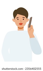 Man cartoon character. People face profiles avatars and icons. Close up image of man using smartphone. Vector flat illustration.