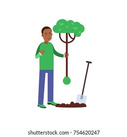 Man cartoon character planting a tree. Contributing into environment preservation. People who protect nature. Volunteering male, ecologically clean world. Flat vector illustration isolated on white.