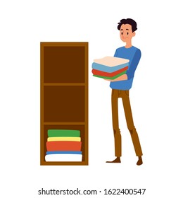Man cartoon character puts fresh laundry on place helping his wife with housework - flat vector illustration isolated on white background. Modern social men duties.