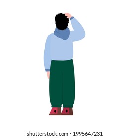 Personaje de caricatura de hombre vista trasera parado y mirando algo, dibujos animados de ilustración plana vectorial aislada en fondo blanco. Hombre moderno con la espalda.