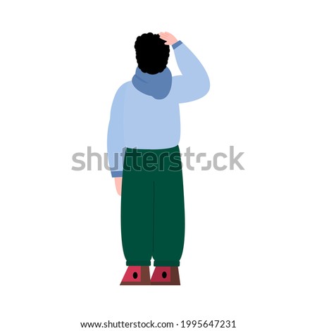 Man cartoon character rear view standing and looking at something, cartoon flat vector illustration isolated on white background. Modern man with his back.