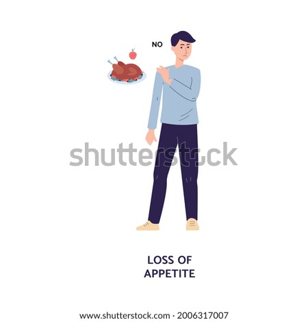 Man cartoon character refuses to eat, cartoon flat vector illustration isolated on white background. Loss of appetite in result of food poisoning or disease symptom.