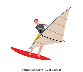 Man cartoon character riding on windsurf board flat vector illustration isolated.