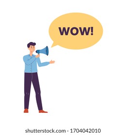 Personaje de caricatura gritando en altavoz - wow venta banner diseño, ilustración plana vectorial aislada en fondo blanco. Afiche promocional para ventas en línea.