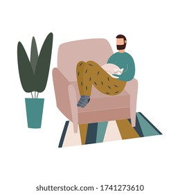Man cartoon character sitting at home in comfortable chair with his pet, flat vector illustration isolated on white background. Hygge home lifestyle and cozy relaxation.
