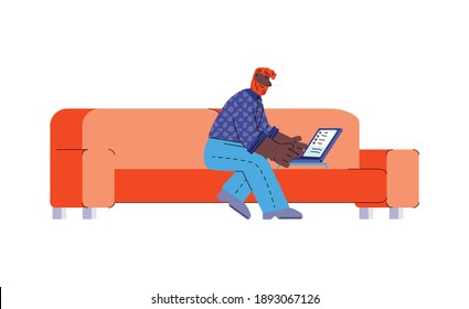 Man cartoon character sitting on sofa and working at home, sketch vector illustration isolated on white background. Freelance or remote employee comfy workplace.