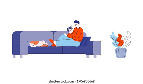 Man cartoon character sitting on couch with dog and cup of hot drink, sketch vector illustration isolated on white background. Home recreation and comfortable workplace.