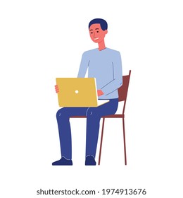 Man cartoon character sitting on a chair with laptop, flat vector illustration isolated on white background. Student or online learning computer course listener.