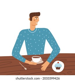 Man cartoon character sitting at table in restaurant and drinking coffee with cake. Young guy wearing knitted sweater in coffee shop or cafe. Flat vector illustration isolated on white background.