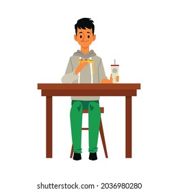 Man cartoon character sitting at table in cafe or at home and eating pizza, flat vector illustration isolated on white background. Horeca food and nutrition delivery.