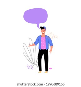 Man cartoon character with speech bubble or conversation icon above head, sketch vector illustration isolated on white background. Dialog, message or interlocution.