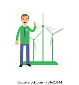 Man cartoon character standing with hand up, windmills behind. Environment preservation. Eco-friendly energy. Alternative sources of energy. Ecological lifestyle concept. Flat vector isolated on white