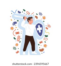 Personaje de caricatura masculina con fuerte inmunidad usando escudo de espada luchando contra patógenos infecciosos