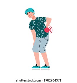 Man cartoon character suffering from back pain or spine ache, flat cartoon vector illustration isolated on white background. Backache treatment and medical relief.