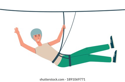 Man cartoon character suspended on cord in rope park, flat vector illustration isolated on white background. Summer entertainment and sport leisure activity.