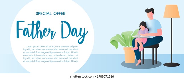 Man in cartoon character teaching daughter homework at home with Father day's wording and example texts on white circle background. Card and poster of Father's day in banner vector design.