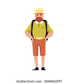 Man cartoon character traveler or explorer in safari helmet and with backpack, flat vector illustration isolated on white background. Tourist dressed for safari tour.