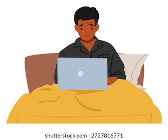 Homem personagem de desenho animado usando computador portátil para o trabalho à distância, tarde da noite estudando ou descansar em casa acolhedora cama ilustração vetor. Jovem com expressão relaxada desfrutando de entretenimento digital