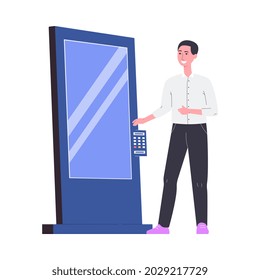 Man Cartoon-Charakter mit modernem interaktives Service-Display, flache Vektorgrafik einzeln auf weißem Hintergrund. Bezahlung und Bestellung der elektronischen Maschine.