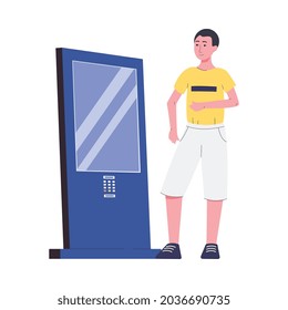 Man cartoon character using modern service interactive display stand for payments or information, flat vector illustration isolated on white background.