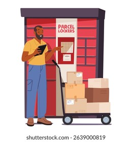 Man cartoon character using modern electronic parcel lockers self service isolated scene on white. Deliveryman with mobile tablet checking cardboard boxes on trolley cart vector illustration