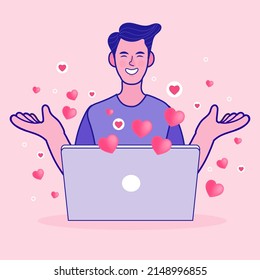 Man cartoon character using online service and receiving love sms with hearts flying away from computer screen. Online Dating and Application for love concept. searching for romantic partner vector.
