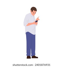 Man cartoon character using smartphone device for wireless online payment, money balance checkup