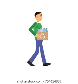 Man cartoon character walking and carrying box with plastic bottles in hand. Contributing into environment preservation. Waste sorting. Ecological lifestyle concept. Flat vector isolated on white.