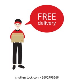 man cartoon character wear red t-shirt and black pant carry the brown cardboard box. The white lettering free delivery in red speech bubble. logistics vector. Delivery during quarantine.