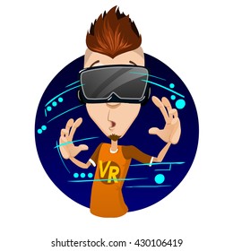 Man cartoon character wearing virtual reality goggles