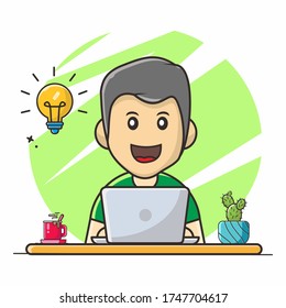 Man cartoon character work and study from home with laptop