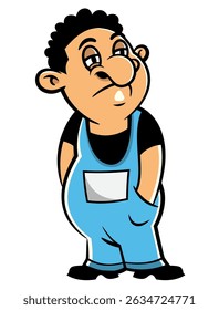 Um Homem personagens de desenho animado vestindo um macacão e procurando um emprego. Melhor para adesivo, logotipo e mascote com temas de recessão econômica