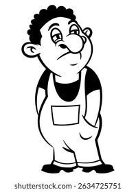 A Man cartoon characters wearing a Jumpsuit and searching for a Job. Best for outline, logo, and coloring book with economic recession themes