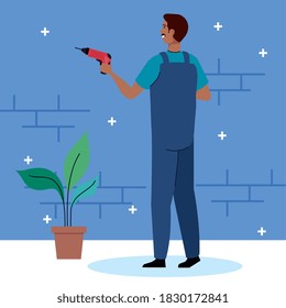man cartoon with construction drill design of remodeling working and repairing theme Vector illustration