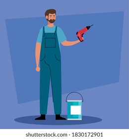 man cartoon with construction drill and paint bucket design of remodeling working and repairing theme Vector illustration