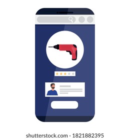 man cartoon with construction drill in smartphone design of working maintenance workshop and repairing theme Vector illustration